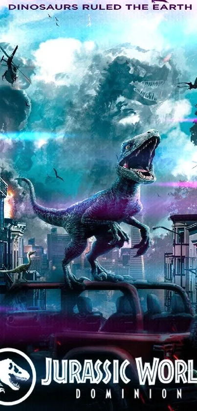 Dinosaur dominates city in Jurassic World wallpaper.