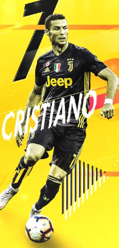 Dynamic Juventus soccer player on vibrant yellow background.