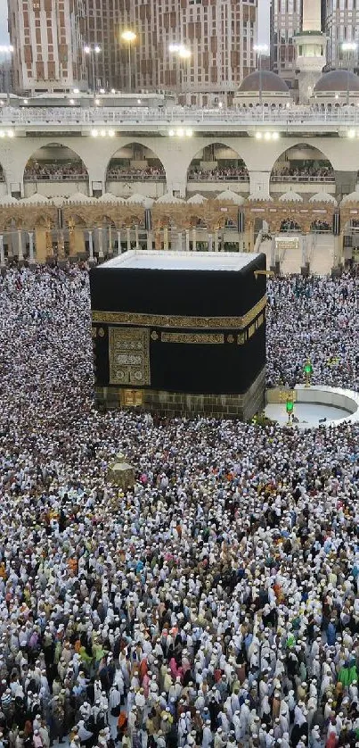 High view of the Kaaba surrounded by pilgrims in Mecca, Saudi Arabia.