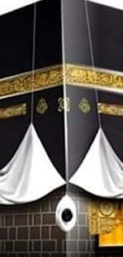 Kaaba mobile wallpaper with black and gold details.