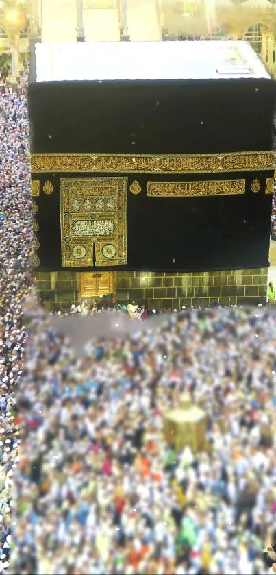 Mobile wallpaper showing Kaaba surrounded by pilgrims in Mecca.