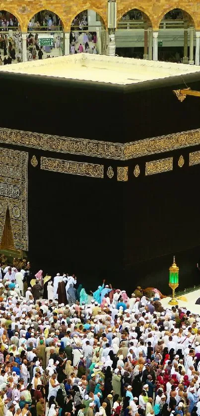 Kaaba pilgrimage with worshippers in vibrant scene.