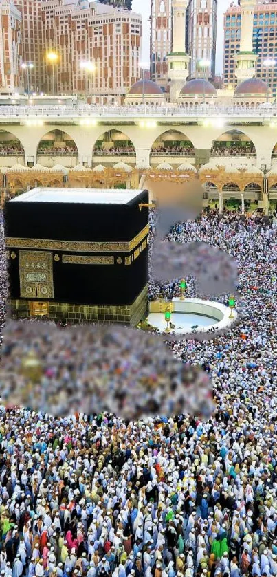 Vivid image of the Kaaba during pilgrimage, surrounded by worshippers in Mecca.