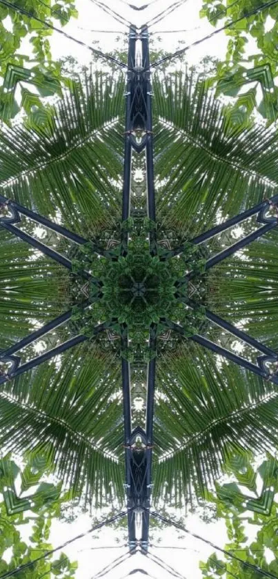 Kaleidoscopic green leaf pattern with symmetrical design.