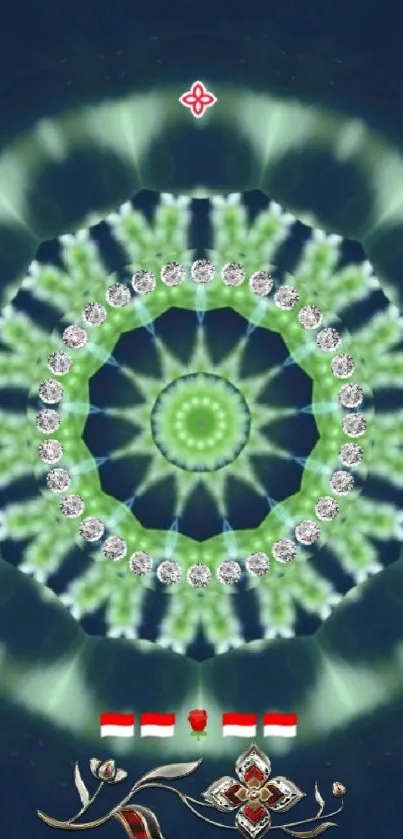 Kaleidoscope mandala with vibrant green patterns and intricate details.