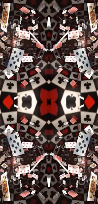 Kaleidoscope design with playing cards in a vibrant pattern.