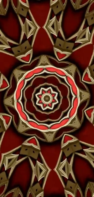 Intricate red and gold mandala wallpaper design with symmetrical patterns.