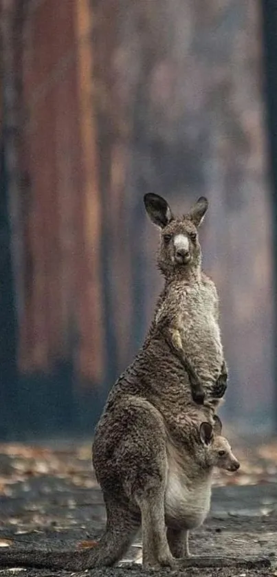 Kangaroo stands in a peaceful, forest setting with a misty background.