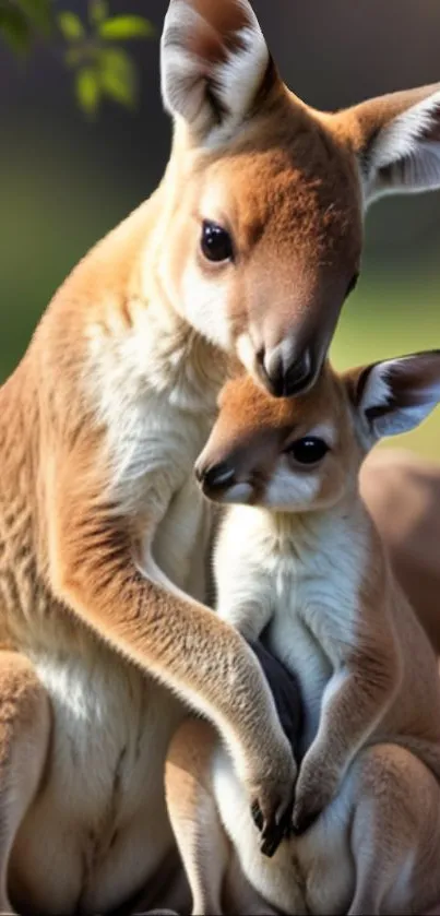 Kangaroo mother and joey nestled together in nature.