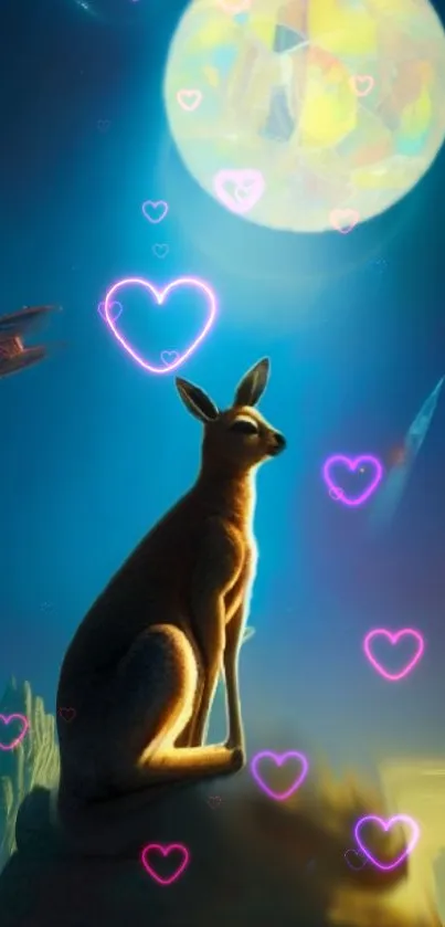 Kangaroo in neon moonlit landscape with glowing hearts