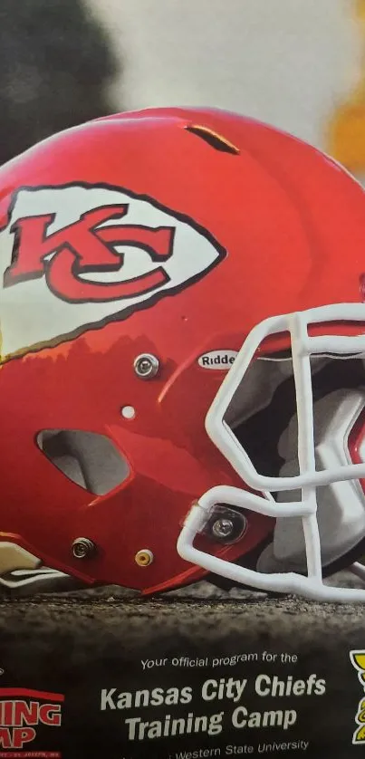 Red Kansas City Chiefs helmet on display.