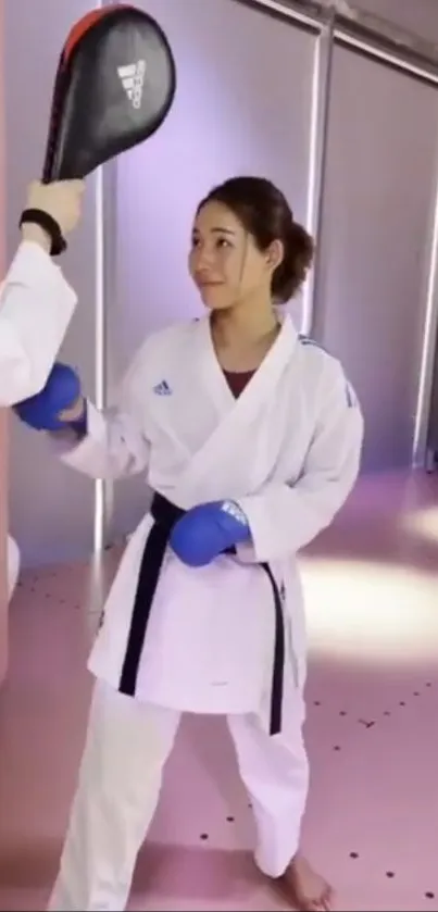 Female athlete in karate training session against a pink background.