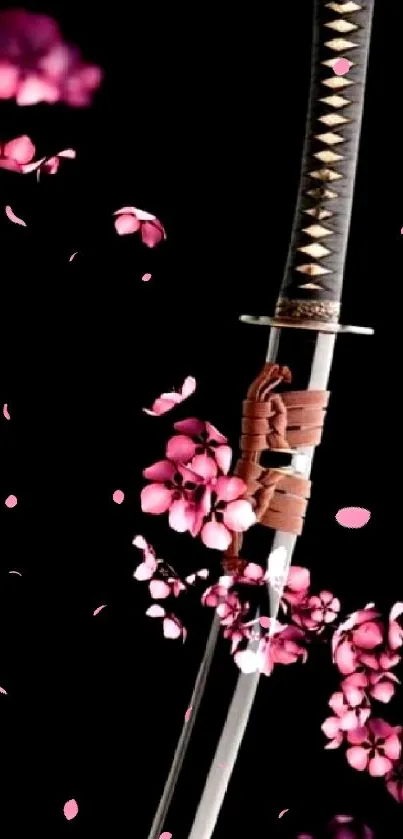 Katana with cherry blossoms on black wallpaper.