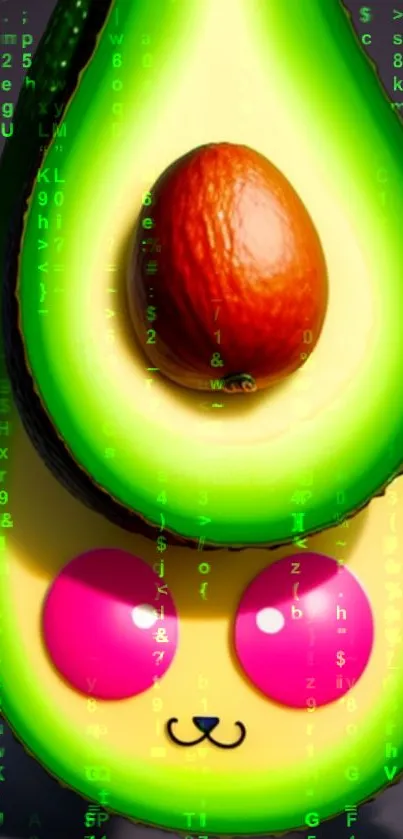Kawaii avocado with pink eyes on a mobile wallpaper with bright green tones.