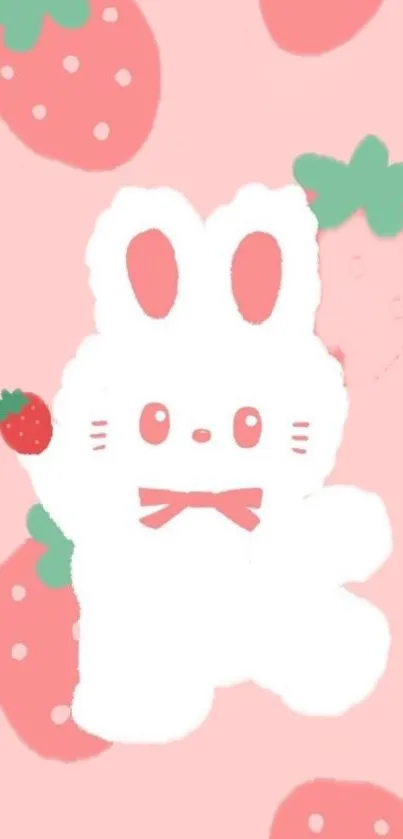 Cute kawaii bunny with strawberries on a pink background.