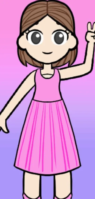 Kawaii cartoon girl with peace sign on pink gradient background.