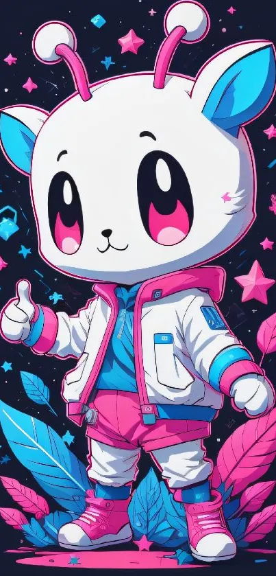 A kawaii character in a space-themed, colorful mobile wallpaper.