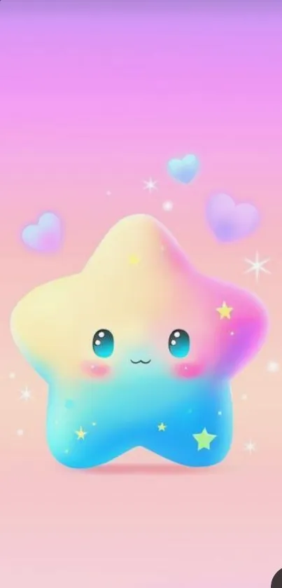 Cute kawaii star on pastel background with hearts.