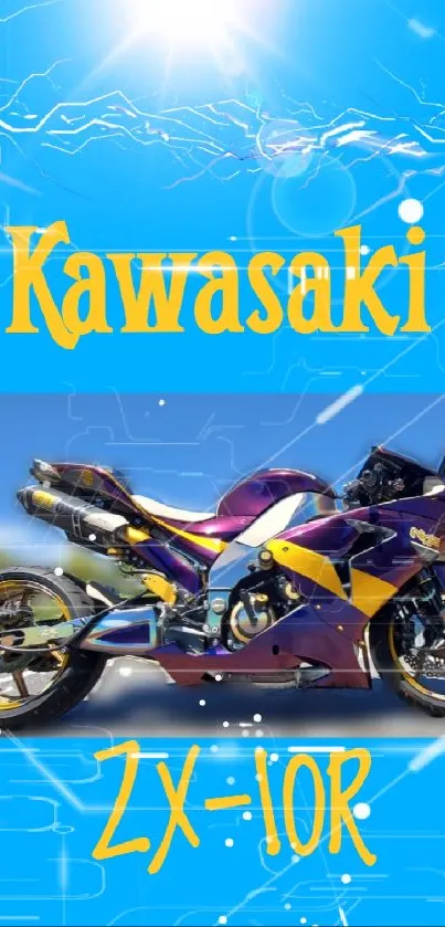 Kawasaki ZX-10R motorcycle against bright blue sky.