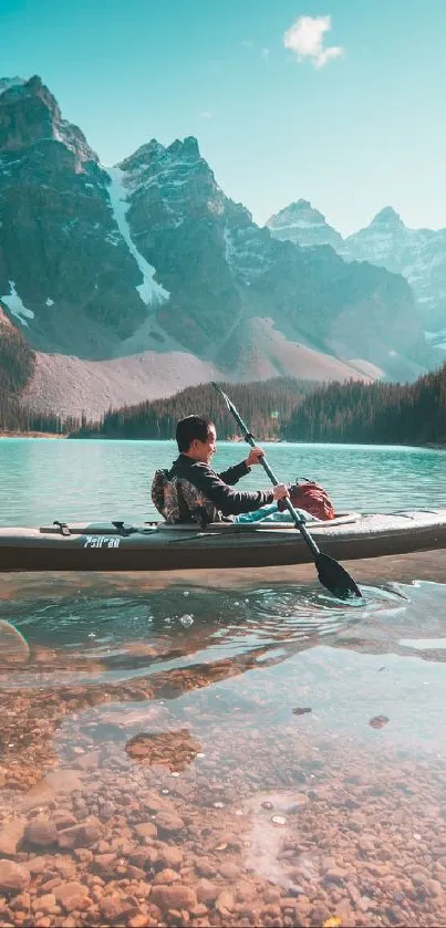 Kayak on a serene mountain lake with scenic peaks.