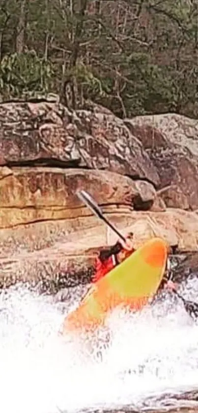 Kayaker navigating whitewater rapids with orange kayak.