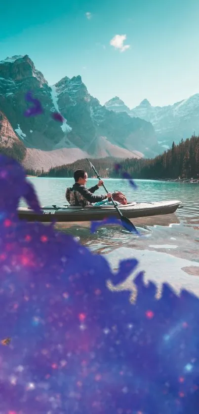 Kayaker in serene mountain lake with cosmic art overlay, nature wallpaper.