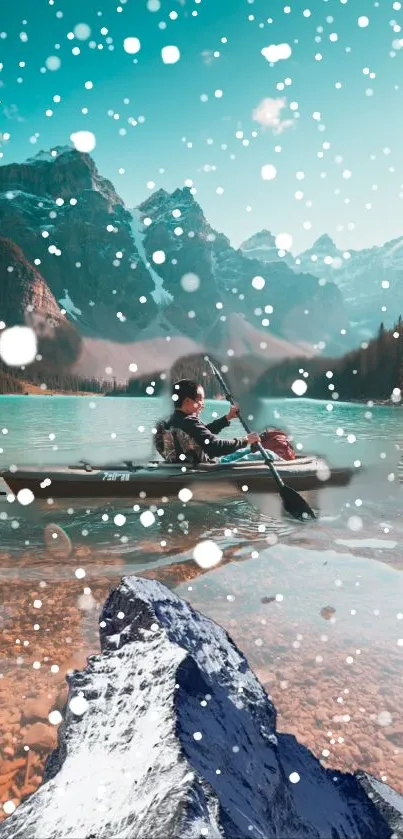 Kayaker paddling on turquoise lake under snow-covered mountains.