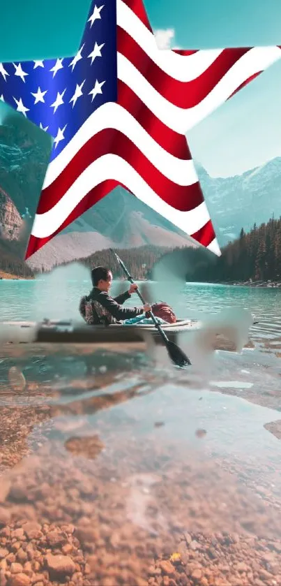 Patriotic themed kayak on scenic lake wallpaper with mountain backdrop.