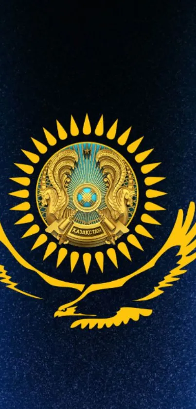 Kazakhstan emblem on dark blue background with gold details.