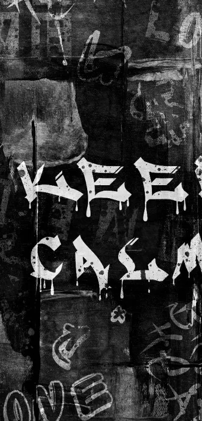 Black and white graffiti wallpaper with 'Keep Calm' text.