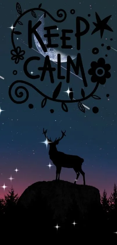 Keep Calm dark blue mobile wallpaper with stars and deer silhouette.