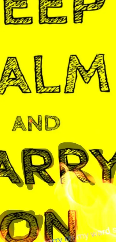 Yellow 'Keep Calm and Carry On' wallpaper with fiery accents.