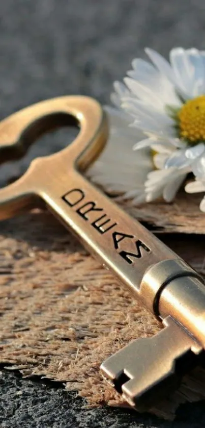 Elegant brass key with daisies on wood background.