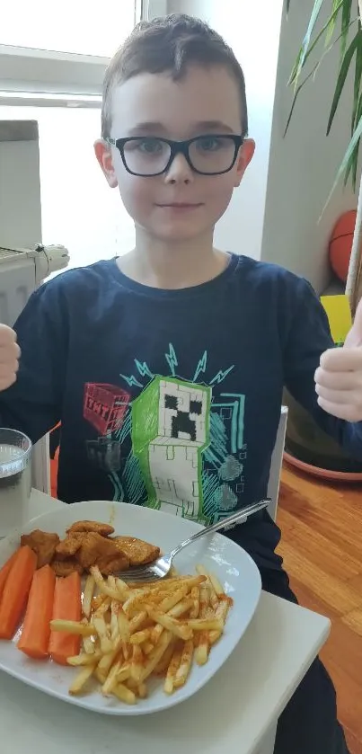 A cheerful child giving a thumbs-up while eating at home.