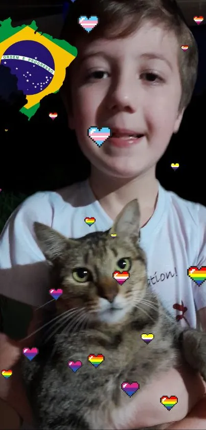 Child holding a cat with heart emojis and Brazil map icon.