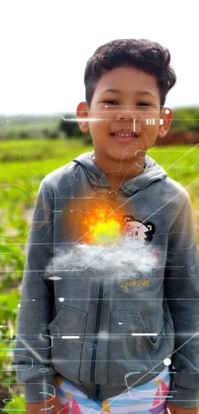 A boy smiling with a futuristic digital overlay on a sunny day in nature.