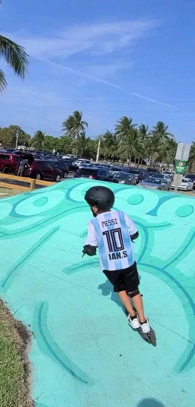 Kid skates energetically on a turquoise ramp in a sunny park.