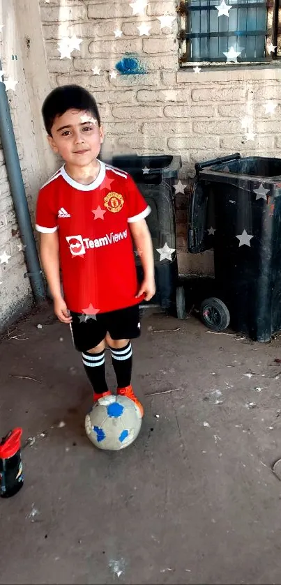 Child in red jersey with soccer ball and starry background.