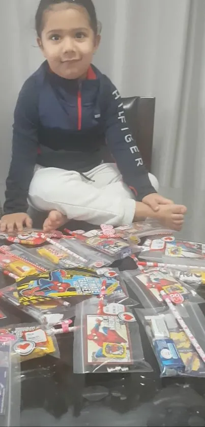 Child sitting amidst colorful candies on a table.