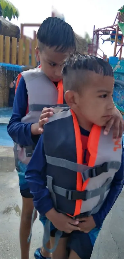 Kids wearing lifejackets at a water park.