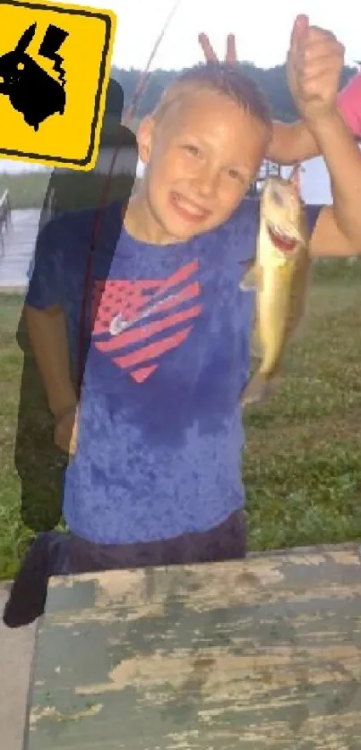 Kids holding a fish by the lake in a playful scene.