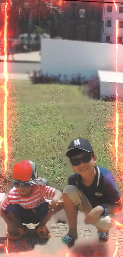 Kids in a park with a fiery frame, wearing sunglasses, enjoying a sunny day.