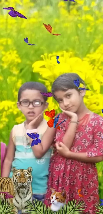 Kids pose in colorful garden with butterflies.