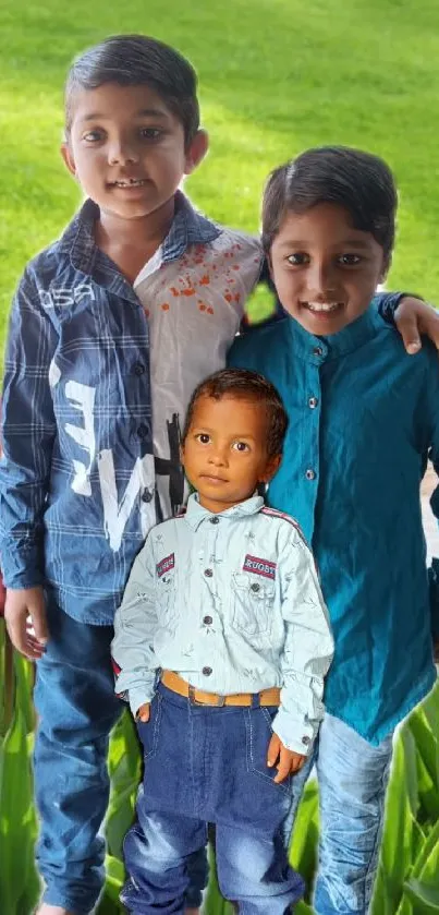 Three kids in a garden with red tulips.