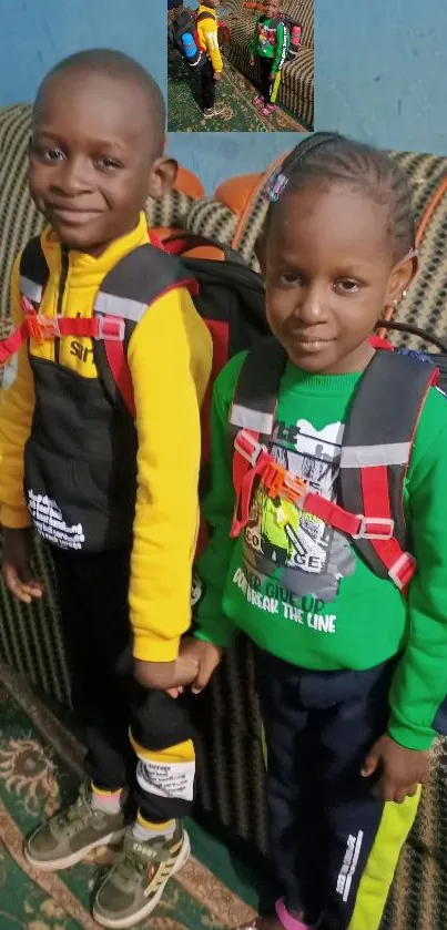 Two children with backpacks, ready for school, standing indoors.