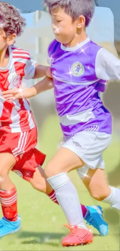 Young kids in soccer uniforms playing a lively game on a sunny field.