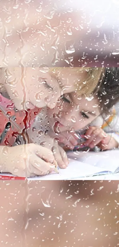 Kids studying through raindrop-covered window wallpaper.