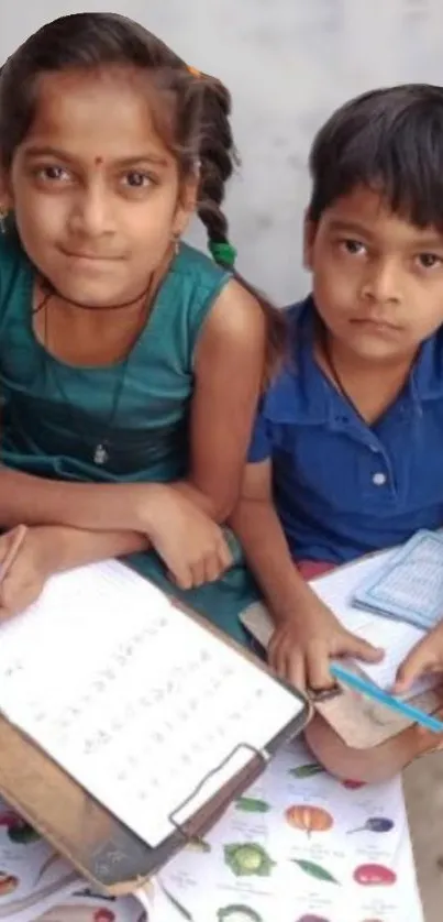 Two children studying on an outdoor bench with books and papers.