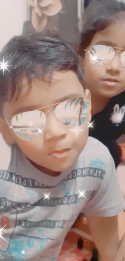 Kids posing with sunglasses, playful fun.