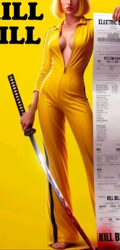 Kill Bill theme wallpaper with yellow jumpsuit.